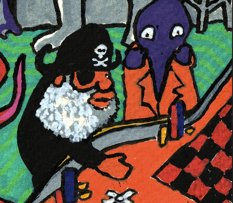 Colorful, cartoon-style illustration depicting a pirate with a black hat and skull-and-crossbones holding a cutlass, standing next to a purple-faced figure in an orange jacket, set against a checkered background.