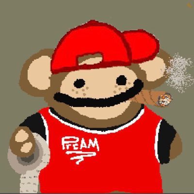 A pixel art style image of a brown bear character wearing a red baseball cap backward and a red basketball jersey that says 'FLAM', holding a spray can and creating a white splatter effect.