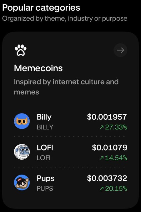 A Kraken app screenshot highlighting the "Popular categories" section featuring Memecoins, with prices and 24-hour gains for $BILLY ($0.001957, up 27.33%), $LOFI ($0.01079, up 14.54%), and $PUPS ($0.003732, up 20.15%). This supports the post's claim that Bitcoin memecoins like $BILLY and $PUPS are trending on Kraken, as all three displayed tokens are showing notable upward momentum.