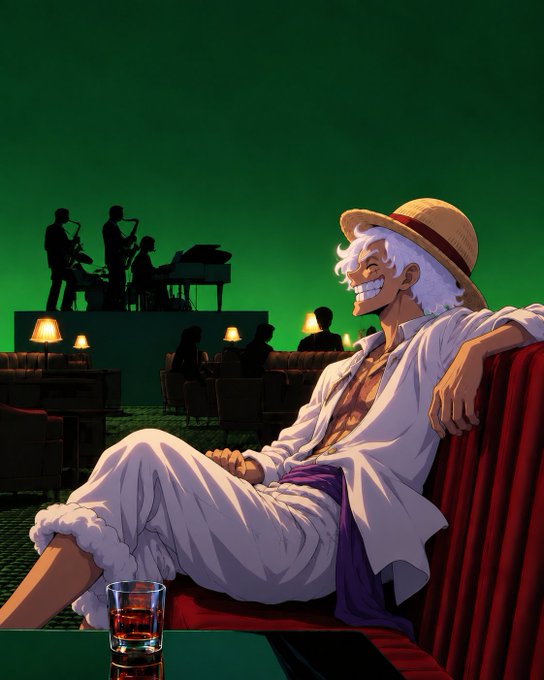 Anime illustration of a white-haired character wearing a straw hat and white shirt, lounging on a red couch with a glass of amber liquid, against a green background with silhouettes of a band.