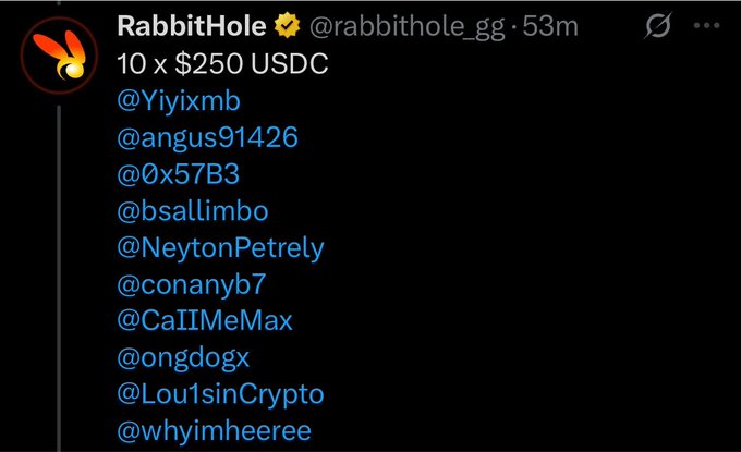 X/Twitter post from RabbitHole (@rabbithole_gg) announcing 10 x $250 USDC winners, tagging @Yiyjxmb, @angus91426, @0x57B3, @bsallimbo, @NeytonPetrely, @conanyb7, @CaIIMeMax, @ongdogx, @Lou1sinCrypto, and @whyimheeree.