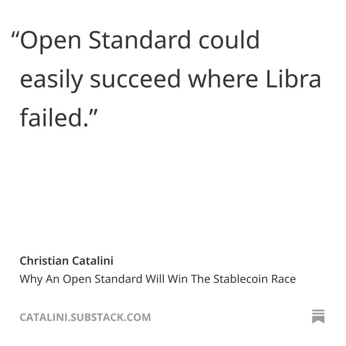 A quote graphic featuring Christian Catalini's quote "Open Standard could easily succeed where Libra failed," attributed to his piece "Why An Open Standard Will Win The Stablecoin Race" on Catalini.Substack.com. The image highlights the post's central thesis that industry-wide stablecoin standards will triumph where Facebook's Libra project could not.