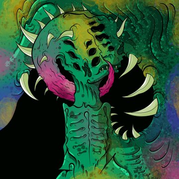 A vibrant, surreal digital illustration of a green and pink alien-like creature with multiple eyes, sharp teeth, and spiked protrusions on its head, set against a colorful, psychedelic background.