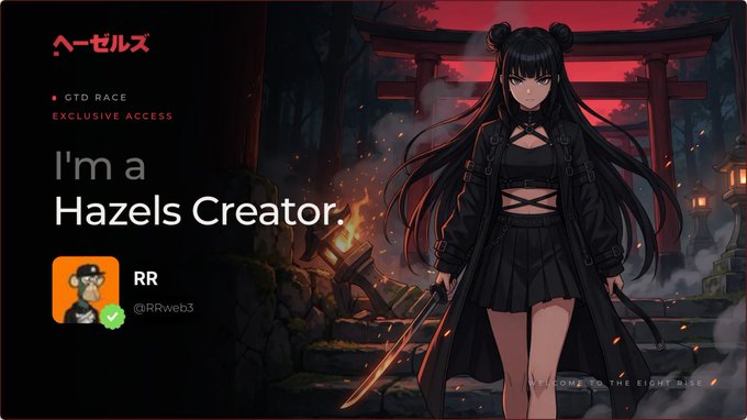Another 'I'm a Hazels Creator' promotional graphic identical to the first, this time featuring user 'RR @RRweb3' with an orange profile picture of a monkey.