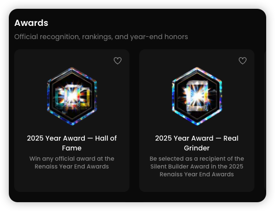 Awards section showing 2025 Year Award — Hall of Fame (win any official award at the Renaiss Year End Awards) and 2025 Year Award — Real Grinder (be selected as Silent Builder Award recipient).