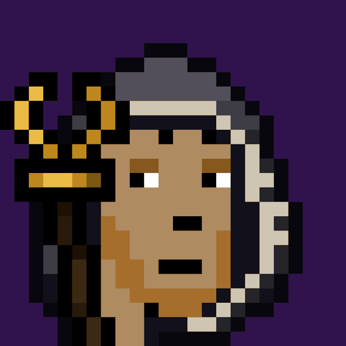 A pixel art portrait of a hooded figure with orange facial features and a golden ornate staff against a dark purple background.