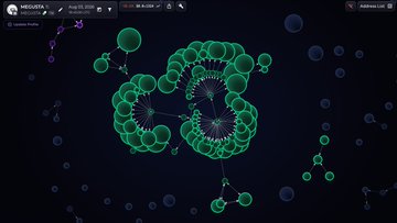 The image shows a screenshot from the game MicroStrategy with text "Sep 25 2024" and the username "tsssss sssfds" visible, depicting three large green spiral/cluster structures in the center of a dark space with smaller circular cells scattered around. This relates to the post about Matt Furie being "hacked," with the MicroStrategy game reference likely being a clue or coded message within the meme content promoted during the hack.