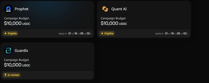 The image shows a post about campaign budgets, featuring three different options displayed side by side with their respective costs. The text indicates that the Infofi crew can start earning money again after launching a pre-agreed campaign. This campaign has already kicked off with 3 active campaigns and is priced at $10,000 US dollars per campaign. The offer is for those who have a certain number of followers on social media, as indicated by Xscore. The post also mentions that the accepted offers are exclusive events for users to participate in.