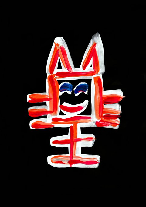 Crude digital painting of a red and white cat-like character with pointed ears and blue eyes on a black background.