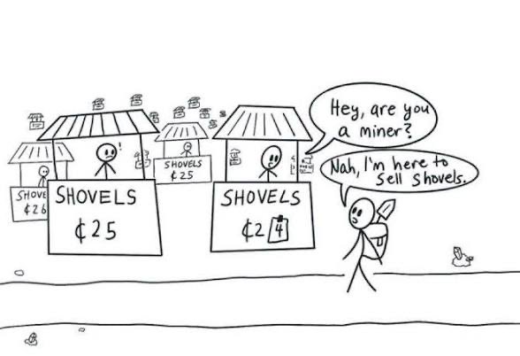 The cartoon shows a merchant with a backpack approaching multiple competing "SHOVELS" stands priced at ¢25, ¢26, and ¢24, with the merchant responding "Nah, I'm here to sell shovels" when asked if he's a miner—satirizing the rush of new token launchpads on Robinhood, where everyone is selling the "shovels" (infrastructure) to miners (retail traders) rather than doing the actual mining themselves.