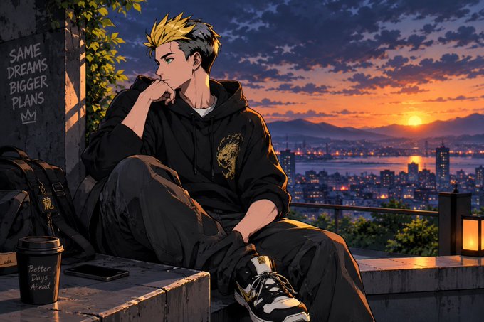 A comic-style digital artwork of a young man with blonde and dark hair sitting on a ledge, looking out over a city skyline at sunset. A wall beside him reads 'SAME DREAMS BIGGER PLANS', and a nearby cup reads 'Better Days Ahead'.