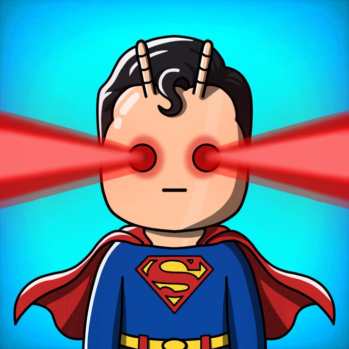 A cartoon figure dressed as Superman with glowing red laser eyes shoots beams outward against a blue background, illustrating the "Chill Bug" 1-of-1 NFT collectible featured in the giveaway promotion tied to reaching 25 ETH trading volume.