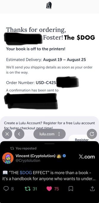 A screenshot shows a Lulu order confirmation email for 'THE $DOG EFFECT' book purchased by Foster, overlaid with a reposted tweet from Vincent (@Cryptolution) promoting the book as a handbook.