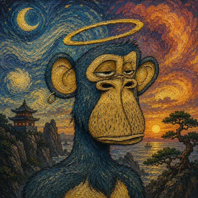A Van Gogh-style painting depicting a monkey with a halo in a Starry Night-inspired landscape, featuring swirling skies, a pagoda, and a Japanese pine tree by the sea.