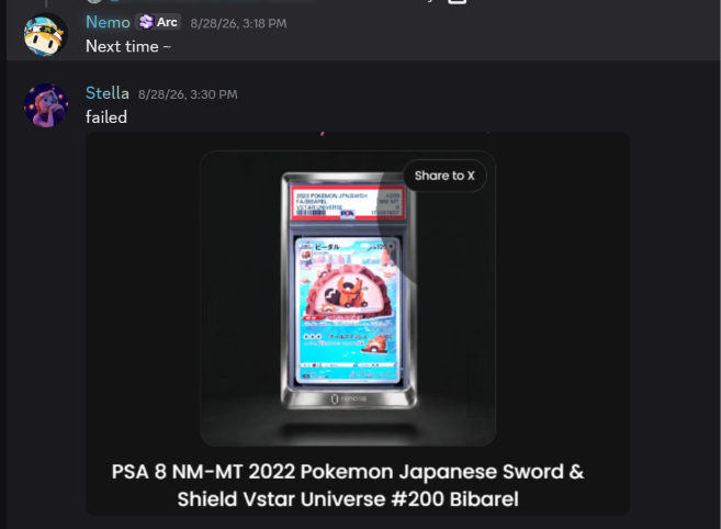 A Discord chat screenshot where a user named 'Stella' posts 'failed' in reply to a listing for a 'PSA 8 NM-MT 2022 Pokemon Japanese Sword & Shield Vstar Universe #200 Bibarel' card.