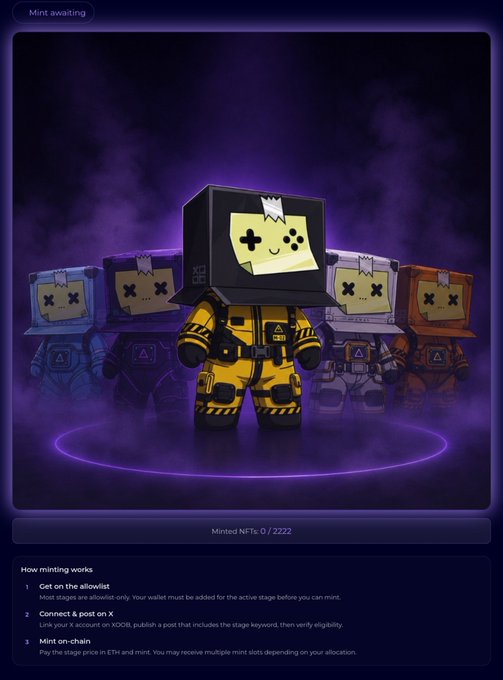 The image represents a character from the Minted NFT website.  



The XOOB platform displayed is a De-Fi application that connects and supports Web3 creators.  The character displayed is likely their logo or brand mascot.
