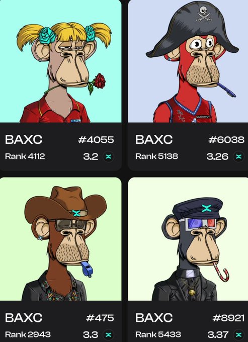 A display of four Bored Ape-style NFT profile cards labeled 'BAXC' with various ranks and numerical scores (#4055, #6038, #475, #8921).