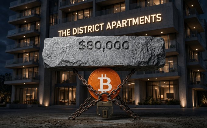 A heavy stone labeled "$80,000" is chained to a Bitcoin coin in front of "THE DISTRICT APARTMENTS," illustrating the post's message that real estate portfolios worth tens of millions can still be outweighed by Bitcoin's appreciating value—where $10M buys over 100 BTC today but will only secure 20 BTC a decade from now.