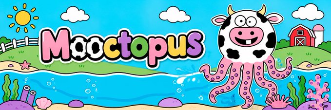 The image features a cartoon cow with horns, wearing an octopus head, standing next to a body of water surrounded by plants and rocks. The caption below the image reads "A cow? An octopus? It's all in one. $MOOCTO is here! #solana #web3 #crypto #axiom #dex". This post seems to be promoting an idea or concept related to the MooCockus character, possibly a connection between cows and octopuses, or even a reference to the MooCockus game.