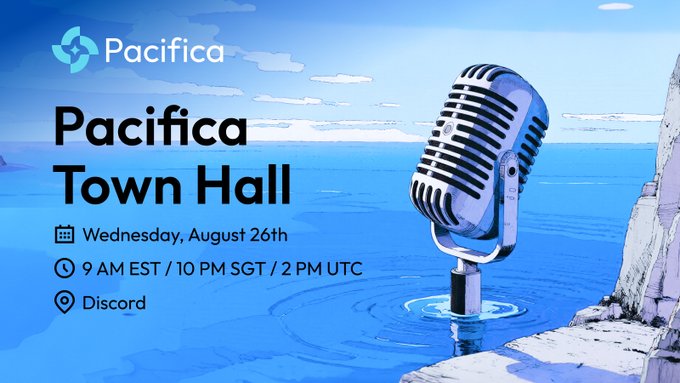 A promotional graphic for a "Pacifica Town Hall" event on Discord, scheduled for Wednesday, August 26th at 9 AM EST / 10 PM SGT / 2 PM UTC, featuring the Pacifica logo and a vintage microphone illustration against an ocean backdrop. The image directly relates to the post by advertising the community gathering and reinforcing the Discord call-to-action.