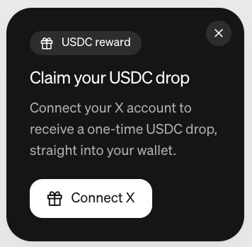 A dark-themed popup window offering a one-time USDC reward, prompting users to "Connect X" (Twitter) account to receive the drop.