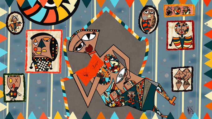 A vibrant, cubist-style digital artwork depicts a fragmented female figure in a colorful patchwork outfit, surrounded by smaller stylized faces against a geometric patterned background, evoking the "Patchwork Self" theme of self-portraiture composed of mismatched pieces. The bold, expressive composition mirrors the NFT's concept of a self assembled from diverse visual fragments, with the "1 ed 111 xtz" indicating a single edition sale price in Tezos cryptocurrency.