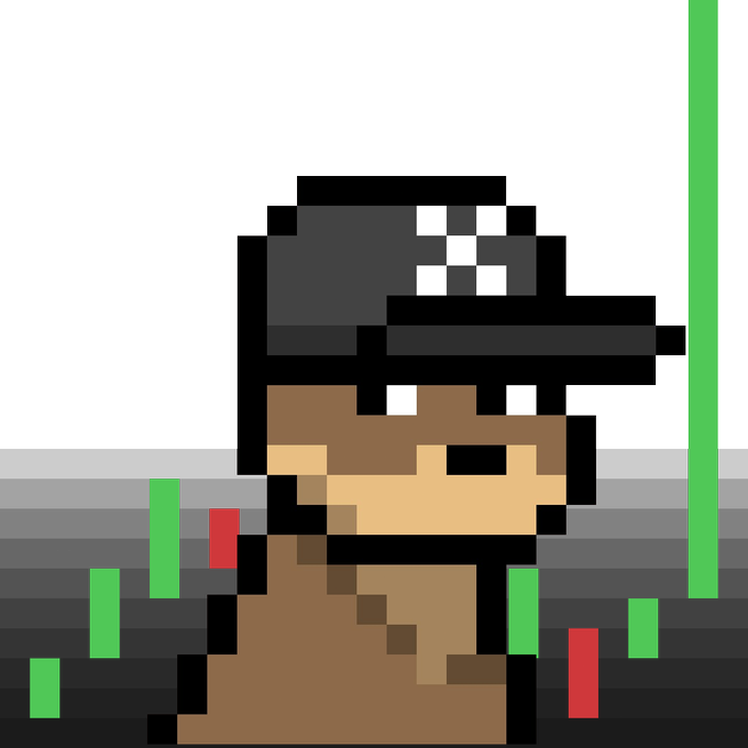 A pixel art character wearing a black cap with a white symbol and a brown coat stands against a background featuring green and red candlestick chart elements.