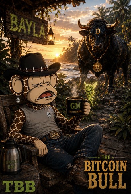 A cartoon monkey in cowboy attire lounges on a beach at sunset holding a "GM" mug, while a massive black bull adorned with a Bitcoin "B" medallion stands behind him. The image features the text "BAYLA," "TBB," and "THE BITCOIN BULL," perfectly complementing the post's "GM" greeting and $TBB/$BAYLA ticker mentions from the Bitcoin Bull community.
