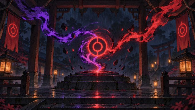 A fantasy digital artwork depicting swirling red and purple energy emanating from a glowing red sigil on a stone altar within a Japanese-style temple courtyard at night.