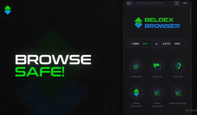 A promotional graphic for the Beldex Browser with the text 'BROWSE SAFE!' alongside a screenshot showing BDX/USDT conversion rates and various Beldex-related tool icons.