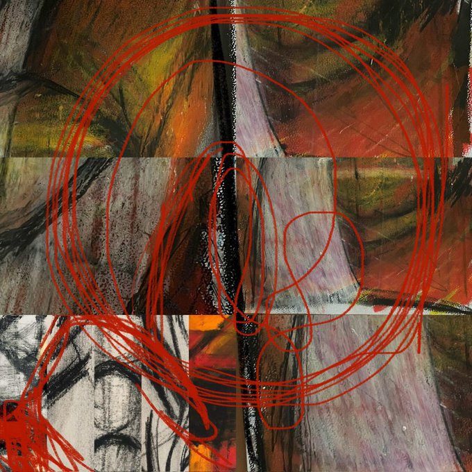 An abstract mixed media artwork featuring dramatic red scribbled circles over a textured painted background with hints of a face in the lower left.