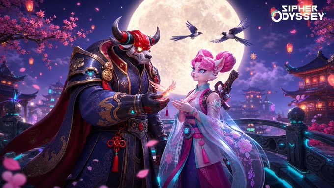 Under a luminous full moon and cherry blossoms, a horned armored warrior and a pink-haired figure share a glowing moment, with the "Sipher Odyssey" logo in the corner, capturing the romantic spirit of the Qixi festival celebration message inviting players to tag their in-game partner.