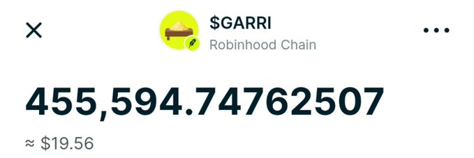 A cryptocurrency wallet display showing $GARRI token on Robinhood Chain with a balance of 455,594.74762507, approximately $19.56.