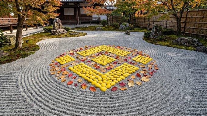 A serene Japanese zen garden with raked sand patterns, moss-covered rocks, autumn maple trees, and a traditional building in the background.