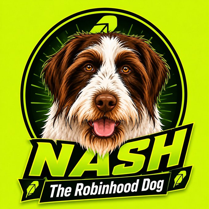 Logo featuring an illustrated brown and white dog inside a green circle with 'NASH - The Robinhood Dog' text below it.
