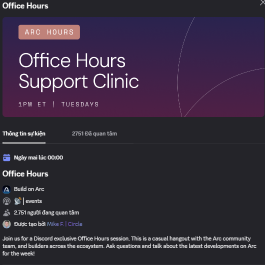 A promotional graphic for an 'Office Hours Support Clinic' for Build on Arc, scheduled for Tuesdays at 1PM ET, with 2,751 people marked as attending.