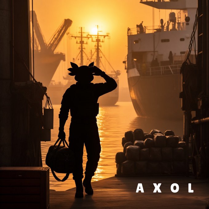 A silhouette of a character with small wings and a duffel bag looking out at a large ship in a harbor at sunset, with the text 'AXOL' at the bottom.