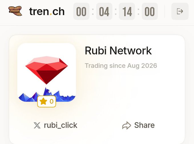 The image displays a tren.ch countdown timer showing 00:04:14:00 remaining alongside the "Rubi Network" profile, which features a red ruby gemstone icon, notes "Trading since Aug 2026," and shows a 0-star rating with the handle @rubi_click. The post emphasizes urgency, highlighting that there are only 4 hours left to participate in a potential airdrop, aligning with the countdown shown in the image.