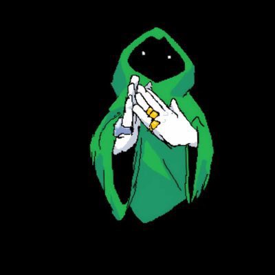 A pixel art illustration of a hooded figure in a green cloak with hands clasped in prayer, wearing a gold ring, set against a black background.