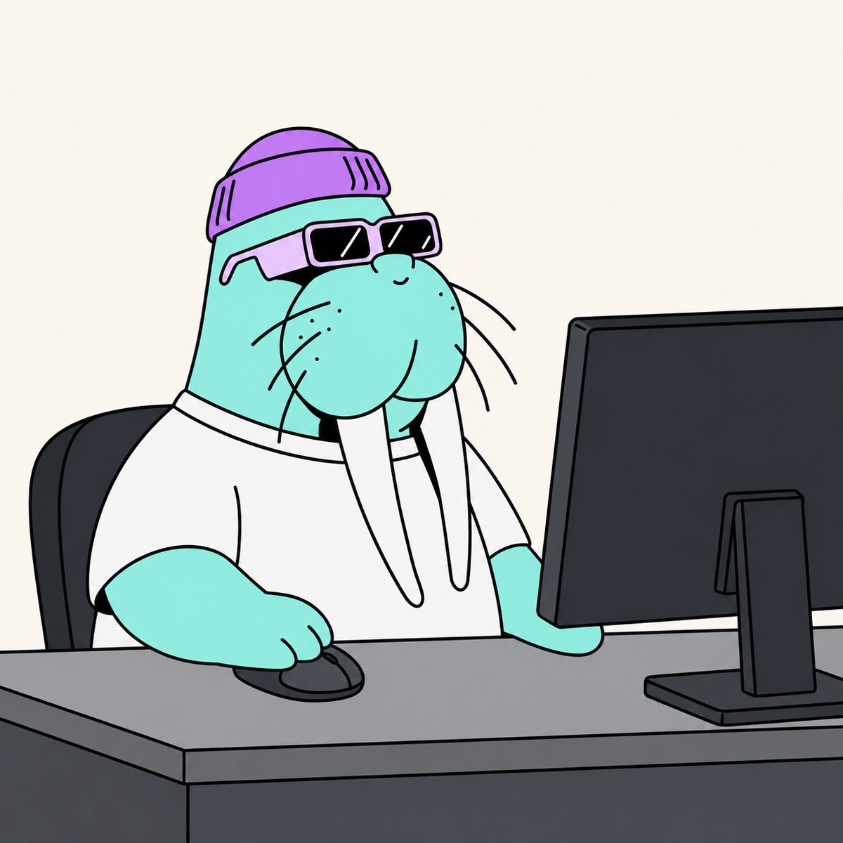 The image features a cartoon walrus sitting at a desk with a computer monitor, wearing sunglasses and a hat. The scene appears to be set in an office environment where the walrus is working or studying. There are no texts present in the image, so we can only focus on the visual elements of the cartoon walrus and its surroundings.