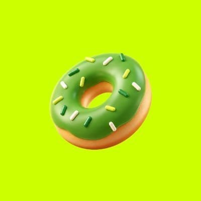 A 3D-rendered donut with green frosting and white and yellow sprinkles set against a solid lime-green background.