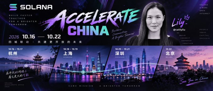 A promotional banner for 'SOLANA ACCELERATE CHINA 2026' featuring speaker 'Lily @cailyliu' with event dates October 16-22 across four Chinese cities: Hangzhou, Shanghai, Shenzhen, and Beijing.