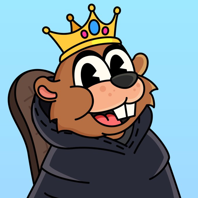 A cartoon illustration of a smiling, crowned brown beaver character wearing a black robe against a blue background.