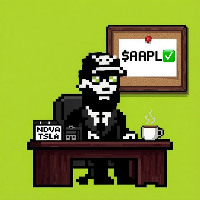 A pixel-art illustration of a bearded man in a suit at a desk on a bright green background, with a corkboard displaying '$AAPL' (Apple), a nameplate reading 'HOVA TSLA', and a steaming coffee mug.