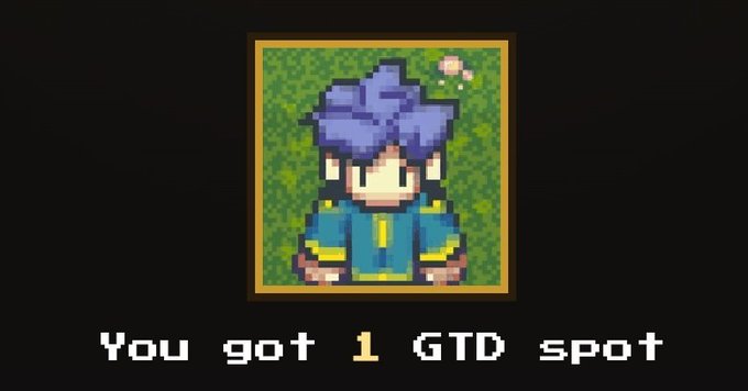A pixel art image of a blue-haired character in a blue jacket on a green background with the text "You got 1 GTD spot" displayed below.
