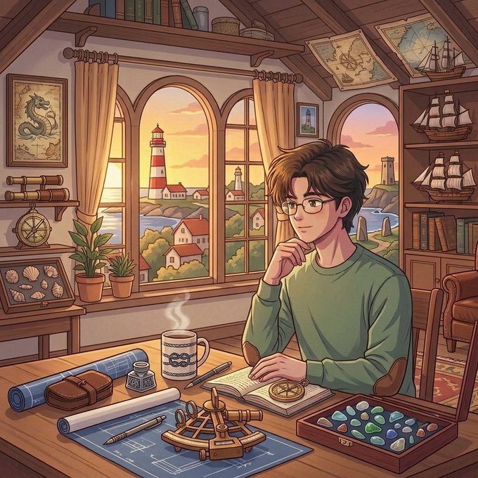 An anime-style illustration depicts a young man with glasses sitting at a desk with maps, a mug, and navigation tools, with windows showing a lighthouse and ocean view in the background.