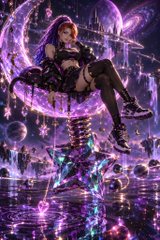 An anime-style character sits on a crescent moon above a cityscape, surrounded by purple butterflies and a reflective water surface below.