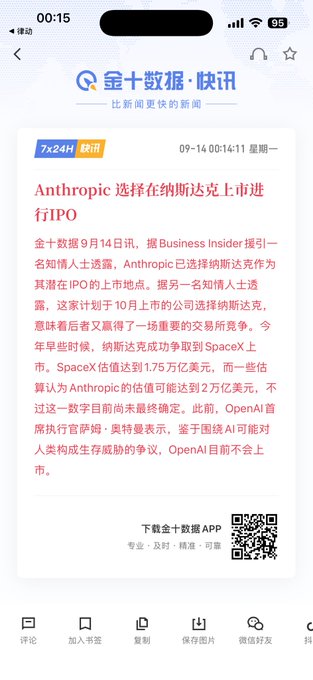 A Chinese news article from "金十数据" (Jin10 Data) dated 09-14 00:14:11, with the headline "Anthropic 选择在纳斯达克上市进行IPO" (Anthropic chooses NASDAQ for its IPO). The article discusses OpenAI executive statements regarding not going public due to concerns about AI's existential threat to humanity.