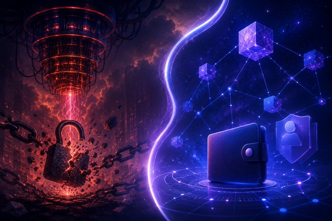 A split digital artwork depicting a glowing lock with chains breaking apart on a red side, contrasted with a blue side showing a secured wallet and shield icons connected by network nodes.