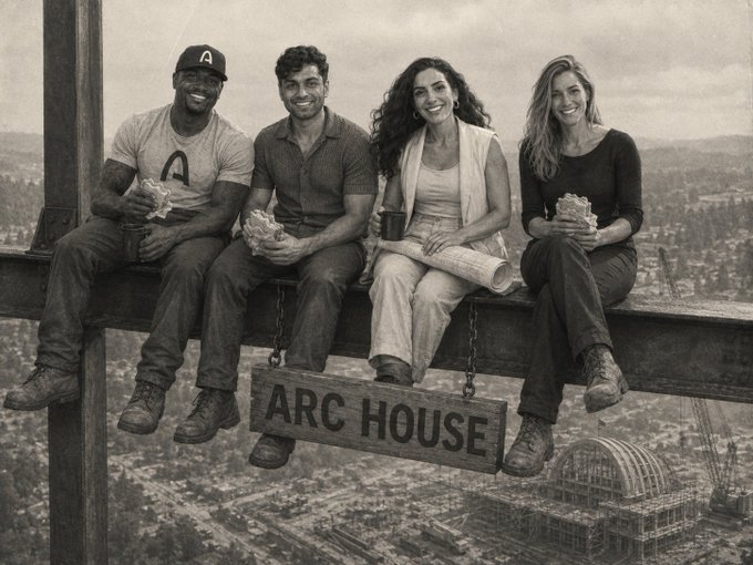 A vintage-style sepia-toned photograph of four smiling people sitting on a steel beam high above a city, with a hanging sign reading 'ARC HOUSE' beneath them.